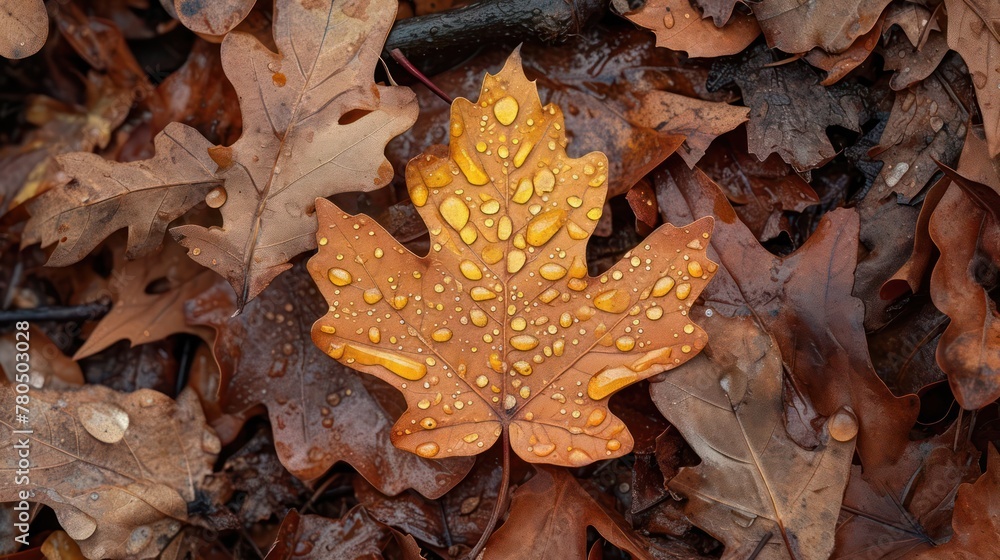 Close up of fallen leaf on the ground in autumn covered in raindrops Close up of fallen leaf on the ground in autumn covered in raindrops