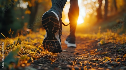 Close-up of Runner's Shoes on Autumn Trail at Sunset, Illuminated by Golden Hour Light - Concept of Persistence, Solitude in Nature, and Fitness Journey
 photo