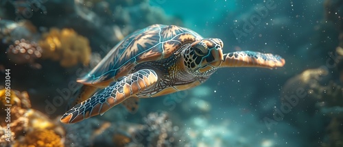 3D image of a sea turtle swimming in the Red Sea. Concept 3D Rendering, Sea Turtle, Red Sea, Underwater, Marine Life