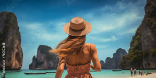 woman from behind on background Phi Phi islands photo