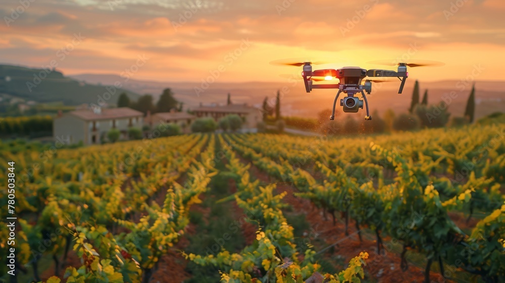 Drone sprayer flies over the vineyard. Smart farming and precision agriculture