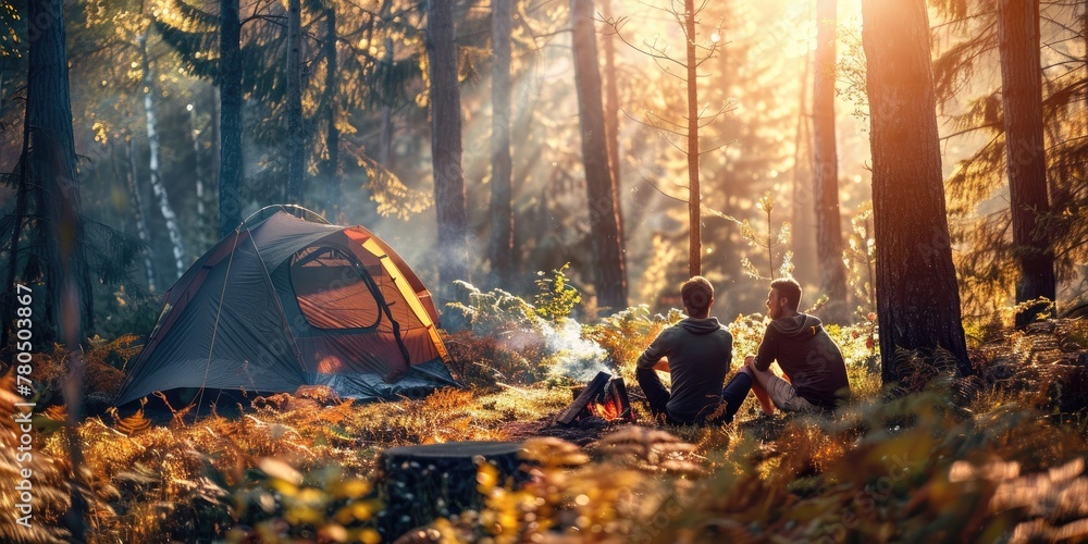 A couple of hikers in the woods with a tent are sitting around a campfire. Recreation in nature.