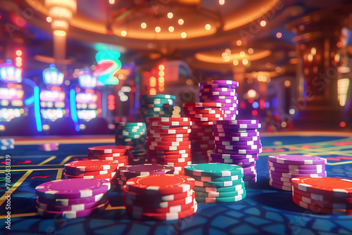Experience the thrill of the casino with vibrant chips adorning the gambling table, evoking the excitement and energy of the gaming floor