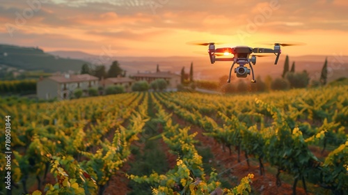 Drone sprayer flies over the vineyard. Smart farming and precision agriculture © Dushan