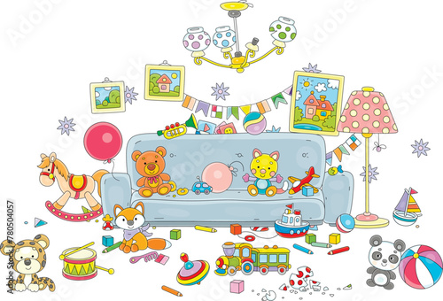Nursery room with a sofa and colorful toys scattered in mess after a funny game of hide and seek and romping of little kids, vector cartoon illustration on a white background