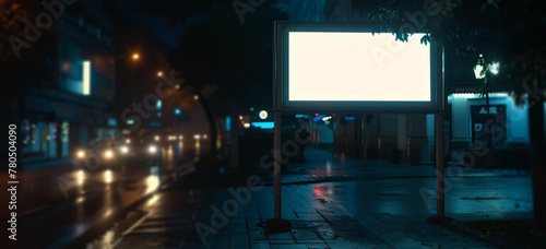 Blank white banner billboard stand at night 