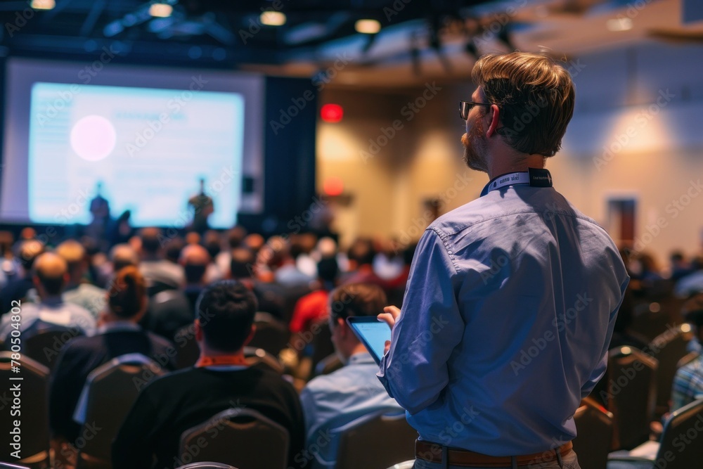 Businessman presenting to audience at conference with projection screen in background Businessman presenting to audience at conference with projection screen in background