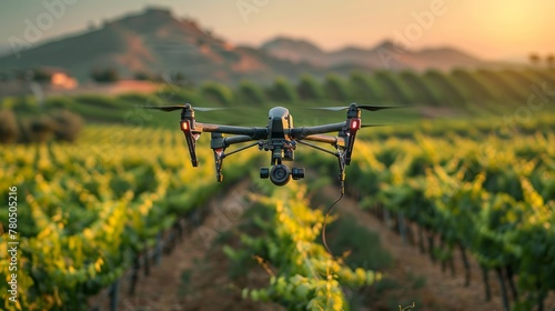 Drone sprayer flies over the vineyard. Smart farming and precision agriculture