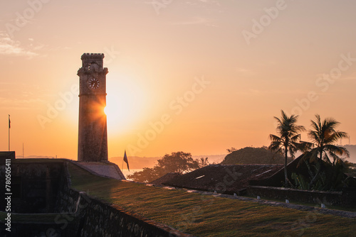 Clock tower in Galle fort at beautiful sunrise. Historical city in south coast of Sri Lanka..