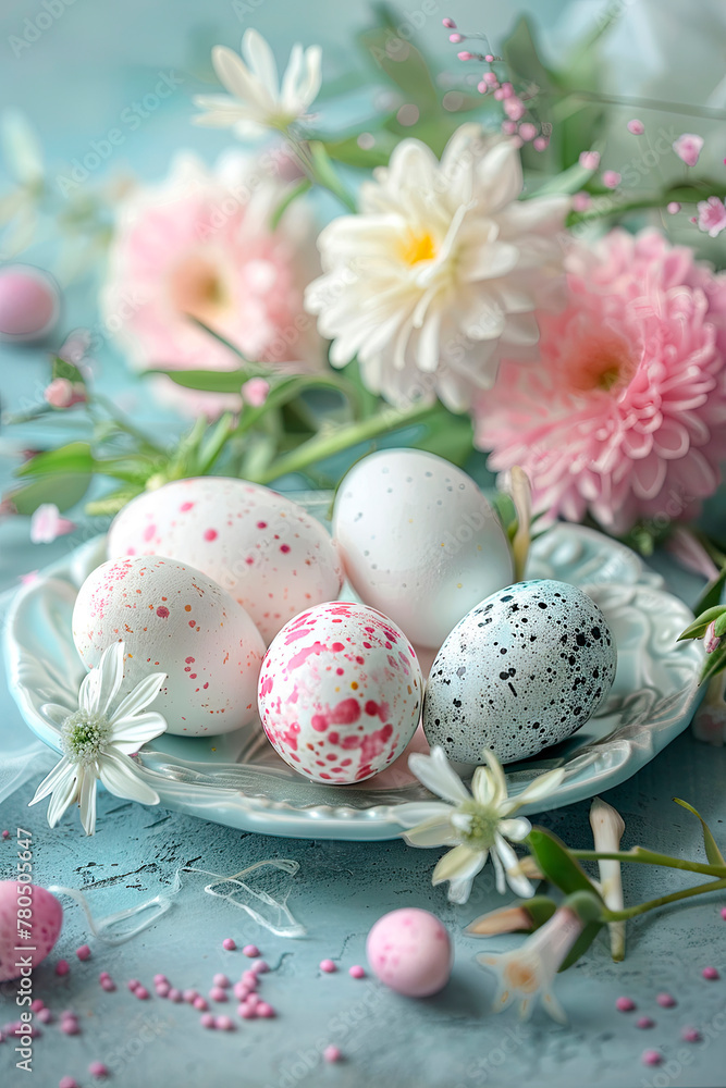 Fototapeta premium Easter eggs and flowers beautiful background. Selective focus.