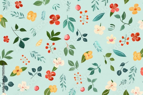 Floral and Leaf Seamless Pattern on Light Blue Background for Wrapping Gifts and Home Decor