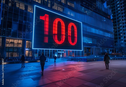 a large sign that says 100 in led screen on the building. photo