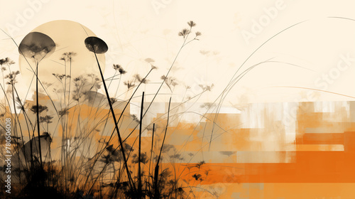 An abstract painting that includes lots of leaves and grasses, in the style of light orange and black © Multika
