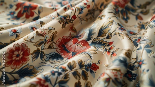 Floral satin fabric has a smooth, shiny texture that gives a luxurious feel. It is popularly used in the fashion industry as well as home decorating for luxurious curtains, bedding and upholstery. photo