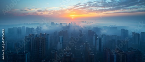 Urban Dawn: The Haze of Pollution. Concept Urban Pollution, Cityscape Photography, Environmental Awareness, Morning Light, Industrial Landscape