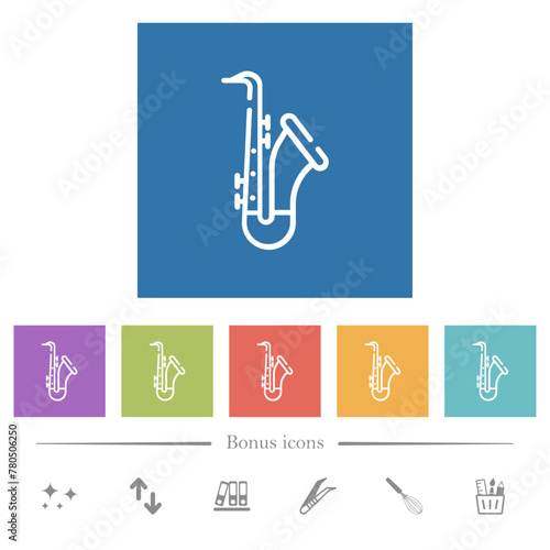 Saxophone outline flat white icons in square backgrounds