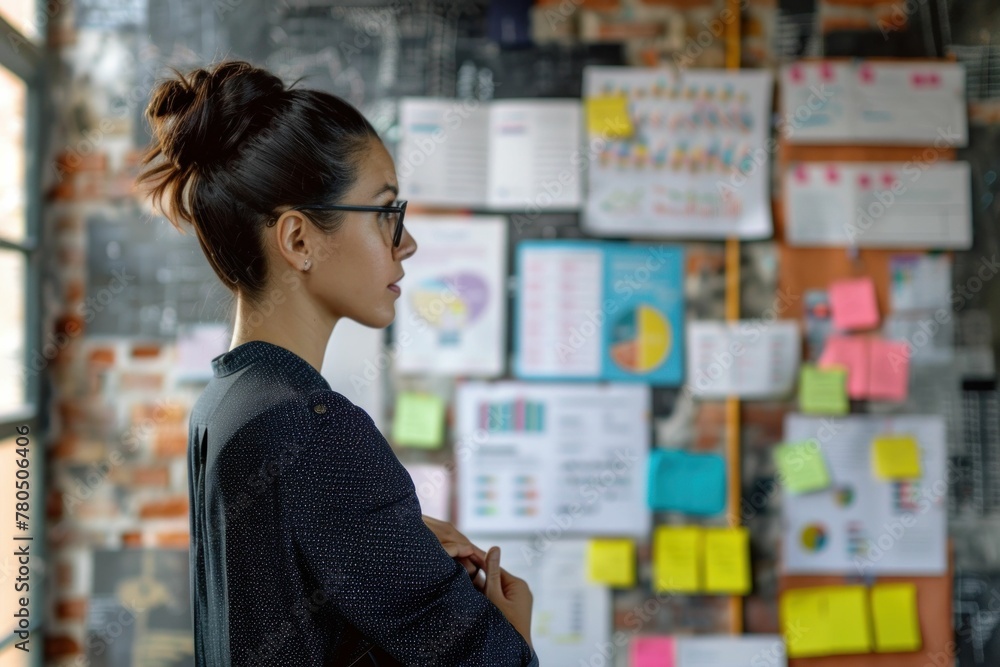 A woman standing in front of a bulletin board filled with colorful postit notes, looking thoughtful and contemplative A woman standing in front of a bulletin board filled with colorful postit notes, looking thoughtful and contemplative