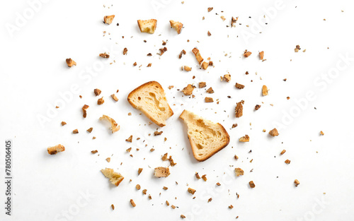 scattered crumbs of roasted white bread on a white background closeup photo