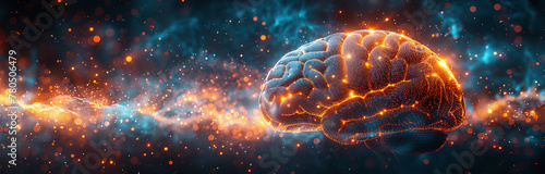 Digital concept of a human brain surrounded by cosmic energy, representing intelligence, creativity, and advanced neural activity, set against a dark space background with stars.