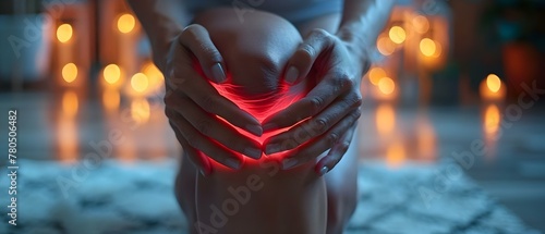 Hands Clasping an Aching Knee in Red Glow. Concept Photography, Pain, Red Light, Human Body, Aching Knee photo