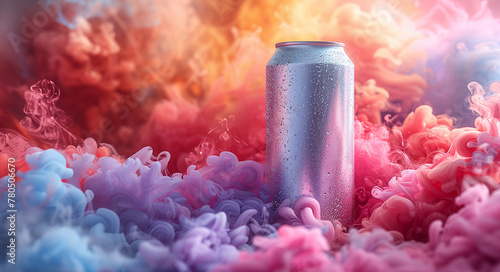 Aluminum can surrounded by vibrant pink and blue smoke with a dreamy, abstract background, suitable for concepts of refreshment, mystery, or creativity.