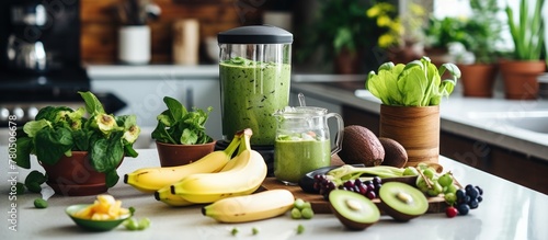 Preparation of plant-based smoothie with raw vegetables and fruits, including kiwi and banana, in a home kitchen for vegan or vegetarian diet.