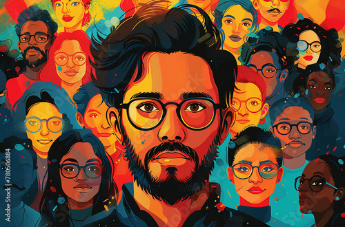 Vibrant illustration of a diverse group of people with a prominent male character at the forefront, symbolizing leadership and diversity in a modern society.