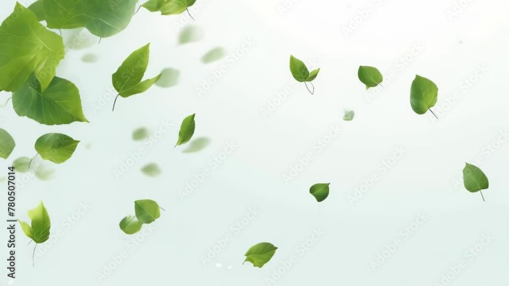 A white background with green leaves flying in the air A white background with green leaves flying in the air