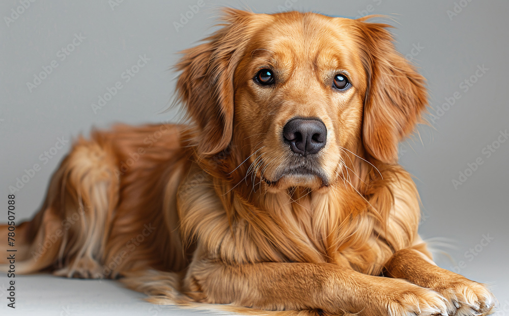 Golden retriever dog lying down on a grey background, looking at the camera with a calm expression.