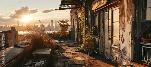 Silent Solitude: The Forgotten Rooftop Oasis in Urban Decay, Where Neglected Planters Echo the City's Distant Skyline, Under the Embrace of a Setting Sun