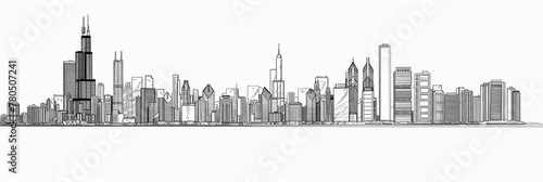 An hand drawn illustration sketch of a cityscape of a futuristic city with skyscrapers and buildings with a black pencil of white canvas, line art for architecture banner website, AI Generated.
