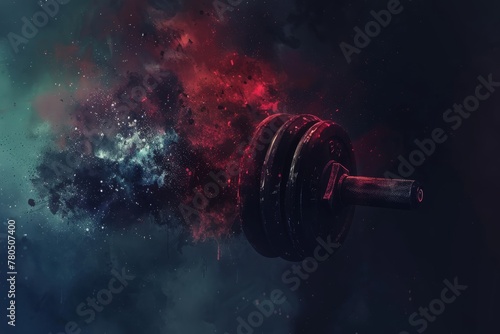 Artistic rendering of weightlifting barbell disintegrating into cosmic dust, concept of power, energy, and fitness universe 