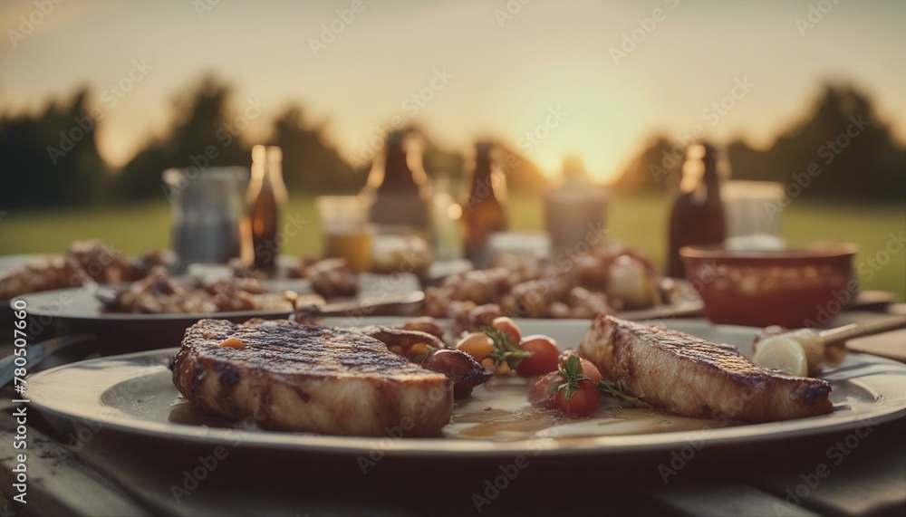 A sunset barbecue scene outdoors: grilled food sizzles on a table amidst summer ambiance.