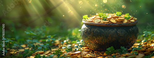 Magical pot of gold coins surrounded by clovers with sunbeams filtering through a lush green forest, symbolizing luck and wealth.