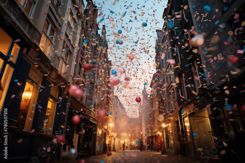 Multicolored confetti in the air on the street photo