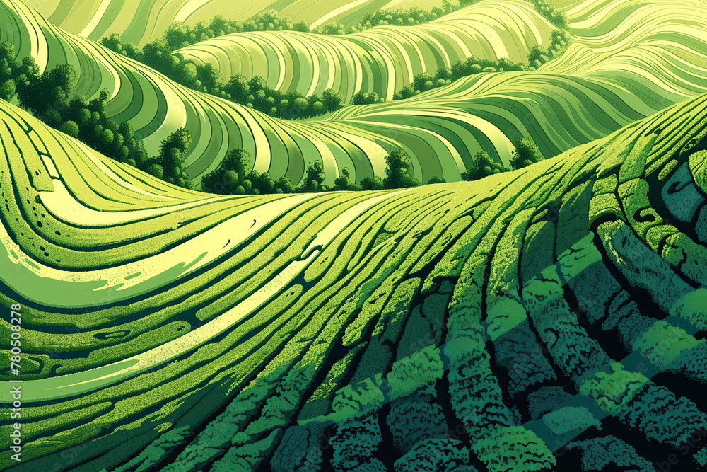 Green tea field, plantation illustration. Landscape Green tea field, plantation illustration. Landscape