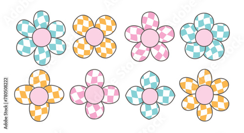 Groovy cartoon hippie checkered flowers. Hippie 60s, 70s style daisies