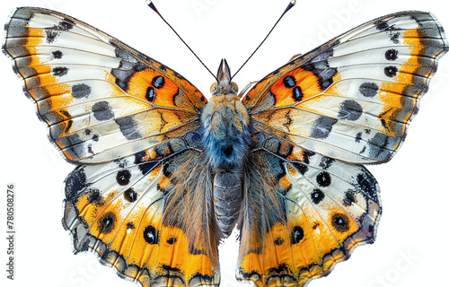 Close-up of a vibrant painted lady butterfly (Vanessa cardui) isolated on a white background, showcasing its detailed wing pattern and colors. photo