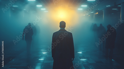 A man from behind in a dark fog and a light at the end of the tunnel