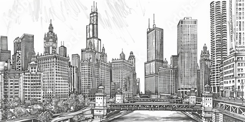An hand drawn illustration sketch of a cityscape of a futuristic city with skyscrapers and buildings with a black pencil of white canvas, line art for architecture banner website, AI Generated.
