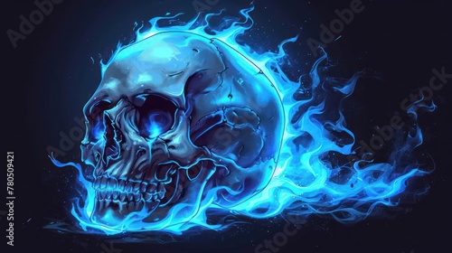 Detailed and vibrant cartoonish skull with blue flames, isolated on a dark background