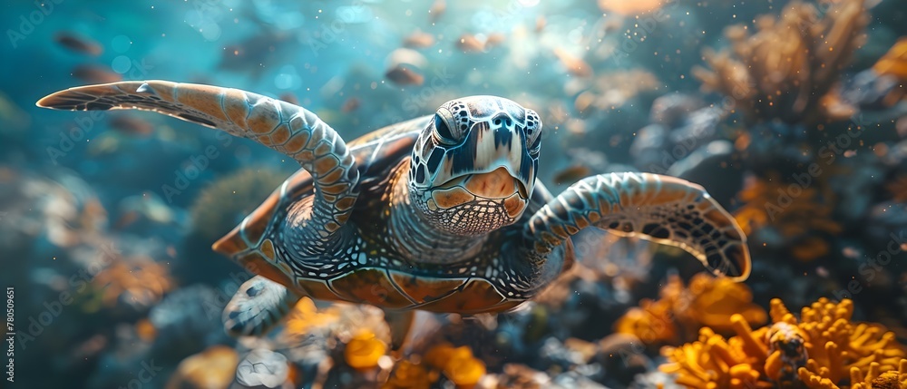 Fototapeta premium Underwater Beauty: A D Image of a Sea Turtle Swimming Among Corals in the Red Sea. Concept Underwater Photography, Sea Turtle, Coral Reefs, Red Sea, Marine Life