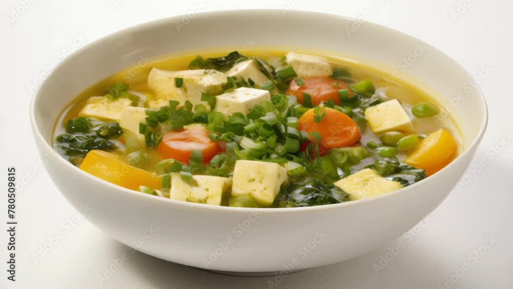 A bowl of soup with vegetables and tofu A bowl of soup with vegetables and tofu