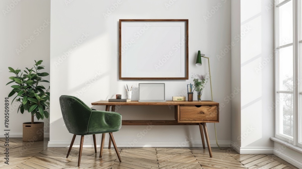 An empty white framed hangs on the wall above the desk in a home office. Wood and green accents decorate the space, An empty white framed hangs on the wall above the desk in a home office. Wood and green accents decorate the space,