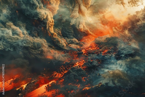 volcanic landscape With smoke and molten lava floating amidst the fiery beauty.