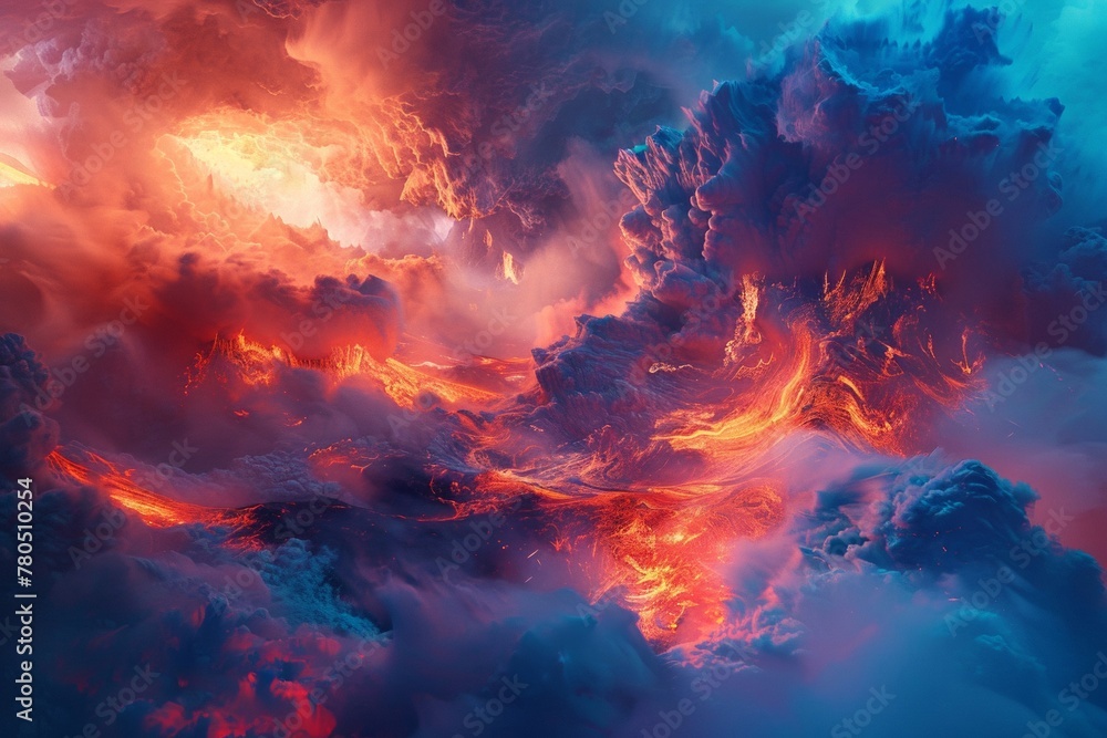 volcanic landscape With smoke and molten lava floating amidst the fiery beauty. volcanic landscape With smoke and molten lava floating amidst the fiery beauty.