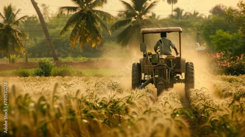 Man driving tractor through corn and palm tree field in India under a clear blue sky