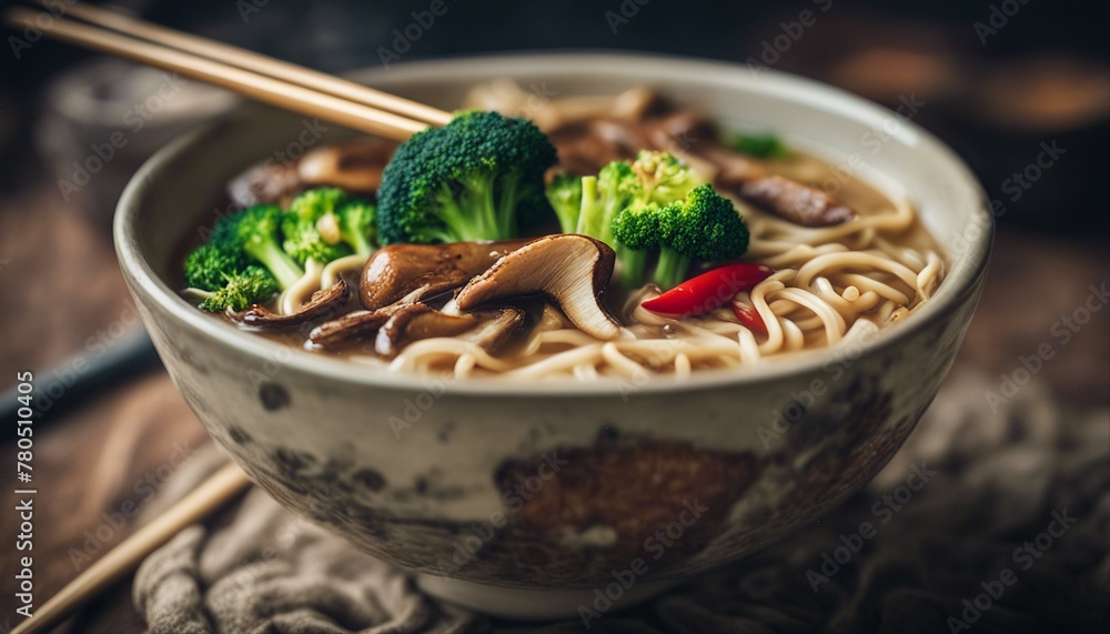 A bowl of Asian-style vegan noodle soup with shiitake mushrooms, broccoli, and red chili, served with chopsticks, in a ceramic bowl. A bowl of Asian-style vegan noodle soup with shiitake mushrooms, broccoli, and red chili, served with chopsticks, in a ceramic bowl.