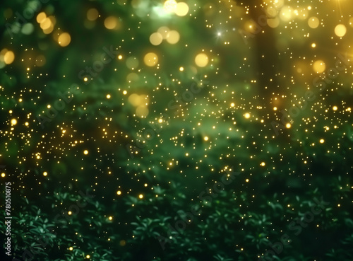 A romanticized nature, a fairy tale-like atmosphere, glowing lights, a blurred foreground and blurred background. Enchanted Forest Glade Illuminated by Golden Fireflies at Twilight 