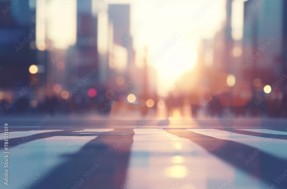 The scene captures a busy city street during sunset, with the warm glow of the sun setting behind skyscrapers. Blurred figures of pedestrians walk along the pavement, and the atmosphere is alive.